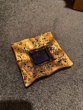 VTG Murano Original Glass Made In Italy Cobalt Blue Gold Green Red Specks Square